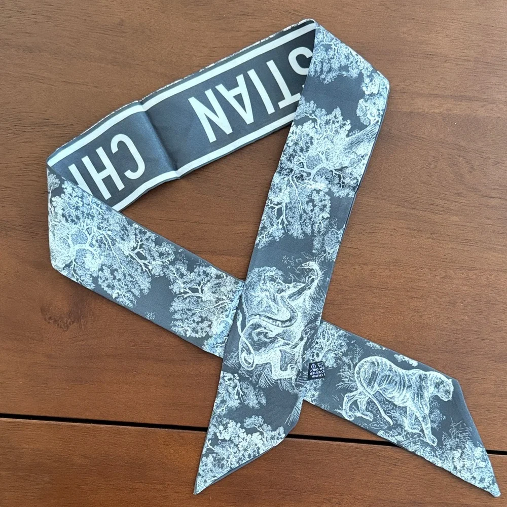 Gray and White Silk Twilly with Animal Motif